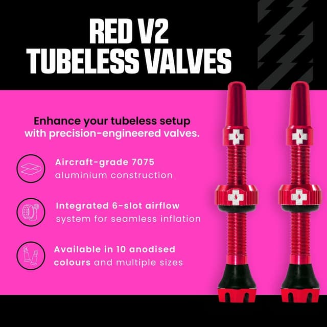 Detalle 2 de Muc-Off Valves Presta Tubeless 44 mm anti-fuite avec outil démontage d’obus intégré (rouge)