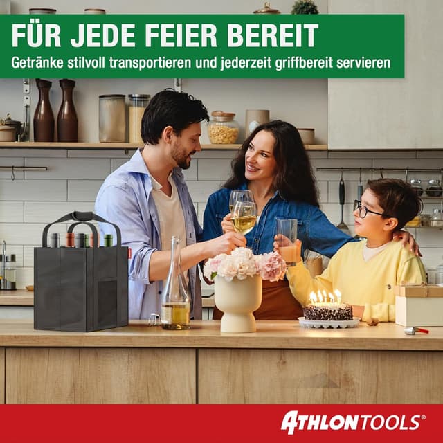 Detalle de ATHLON TOOLS Flaschenträger für 9 Flaschen – faltbare, wasserabweisende Einkaufstasche mit Trennwänden (schwarz)