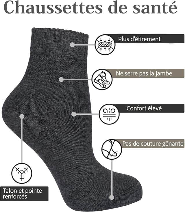 Detalle de Lot de 4 paires de chaussettes pour diabétiques en bambou avec lycra (longueur cheville) – confort sans couture
