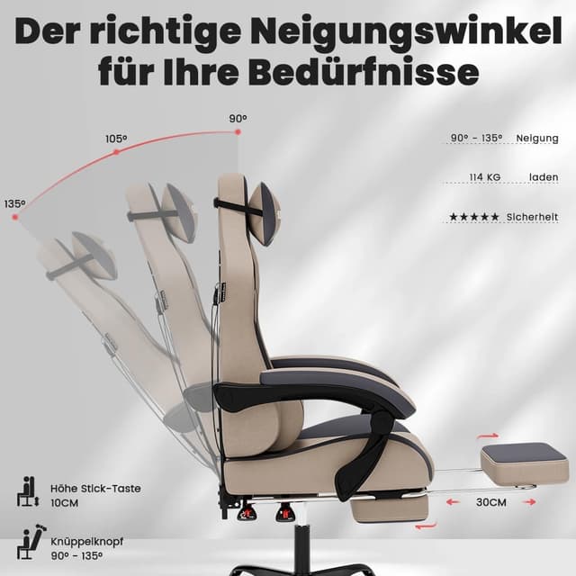 Detalle de SUKIDA Gaming Stuhl mit Fußstütze, Kopfstütze und verstellbarer Rückenlehne (beigegrau)