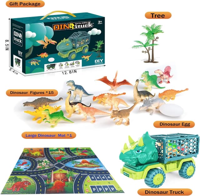 Detalle de Dinosaur Truck Toys for Kids (Triceratops) with 15 Dino Figures, Activity Play Mat & Dinosaur Eggs Set