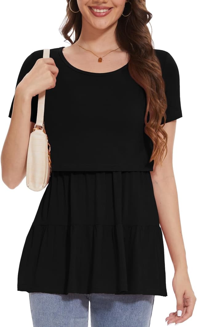 Detalle de Bearsland Women’s Nursing Top 3er-Set mit kurzen Ärmeln und Schlupf-Ausschnitt (Stillshirt)