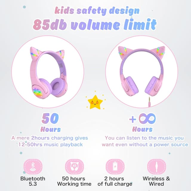 Detalle 2 de Riwbox CF9 Cat Ear Kids Bluetooth Headphones with LED, 85dB Safe Volume Limit, Built-in Mic (Purple)