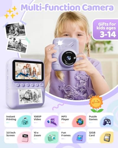 Detalle 2 de Cámara instantánea infantil TIATUA (3,0'' HD, 48 MP) con impresión sin tinta y tarjeta de 32 GB, morado
