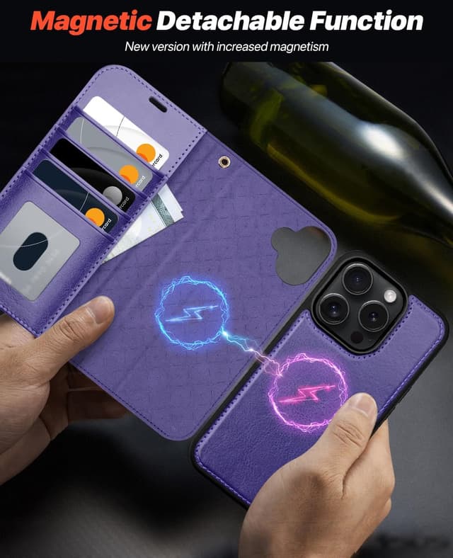 Detalle de OCASE iPhone 16 Pro Max Hülle (2in1) aus Leder, stoßfest mit abnehmbarer Magnet-Hülle, Kartenfach, RFID-Schutz und Handschlaufe – Violett