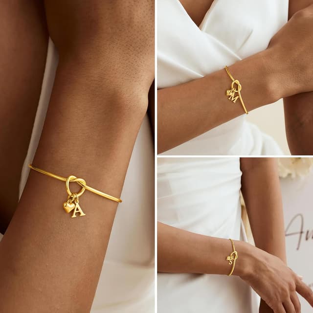 Thumbnail 6 de Bracelet TINGN pour femme plaqué or 14 carats avec nœud d’amour et initiale (A à Z) ajustable
