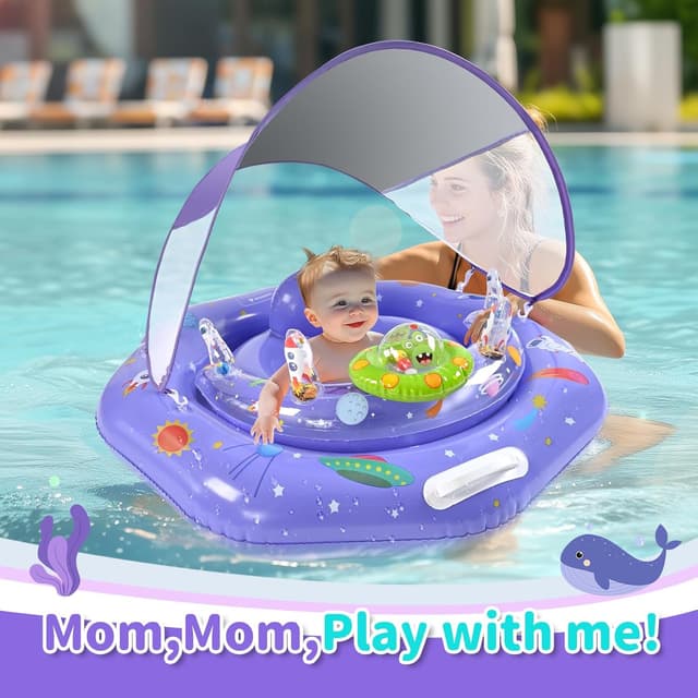 Detalle de GEEQUFLOAT Baby Pool Float with Canopy, Interactive Play Console & Adjustable Safety Seat
