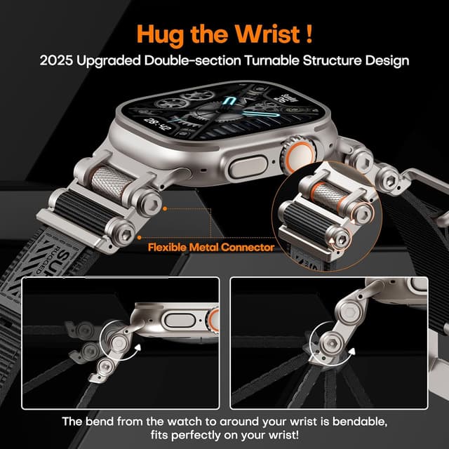 Detalle de TAURI rugged braided nylon Apple Watch Ultra strap (49mm) with stainless steel connectors – adjustable woven band in black