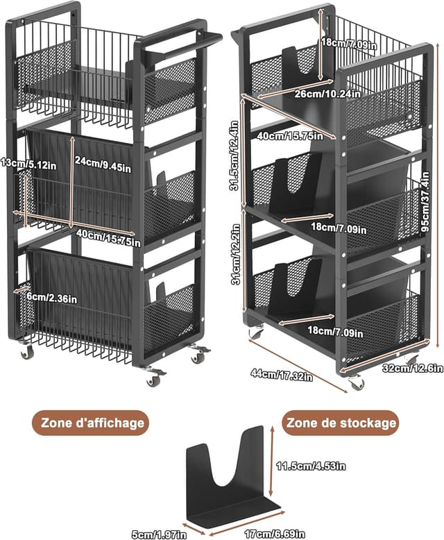 Detalle de Chariot livre bibliothèque à roulettes 70 kg avec 3 étagères mobiles et serre-livres magnétiques (noir)