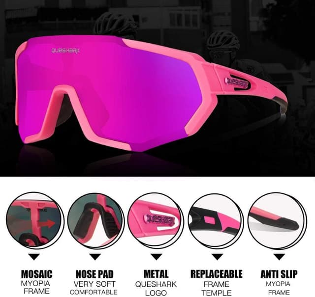 Detalle de Queshark Occhiali da Ciclismo Polarizzati TR90 con 3 Lenti Intercambiabili anti-UV400