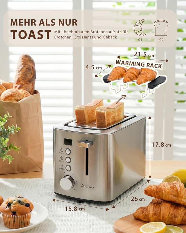 Thumbnail 6 de Edelstahl 2-Scheiben-Toaster mit LED-Countdown & 3,5-cm-Schlitzen, 6 Bräunungsstufen und Brötchenaufsatz (silber)