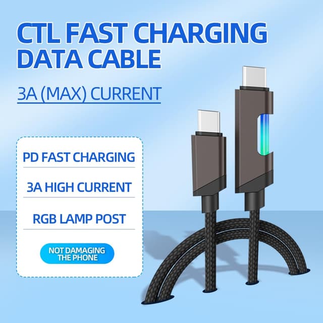 Detalle de USB Type-C Fast Charge Lead 60W with RGB Light, 1.2m Nylon Braided (2 Pack)