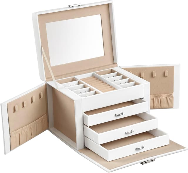 Detalle de SONGMICS Scatola portagioie con specchio e chiusura, 4 livelli, 3 cassetti e maniglie JBC159W01, bianco classico