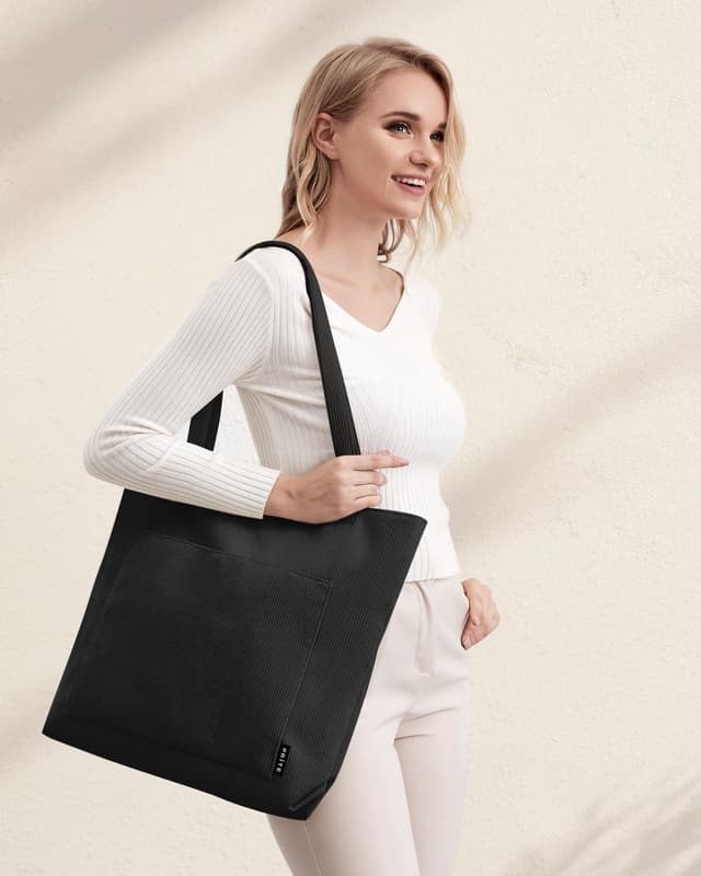 Detalle 2 de Prite Corduroy Tote Bag for Women – Large Shoulder Bag with Zip, Pockets for College, Work, Travel & Shopping (Black)