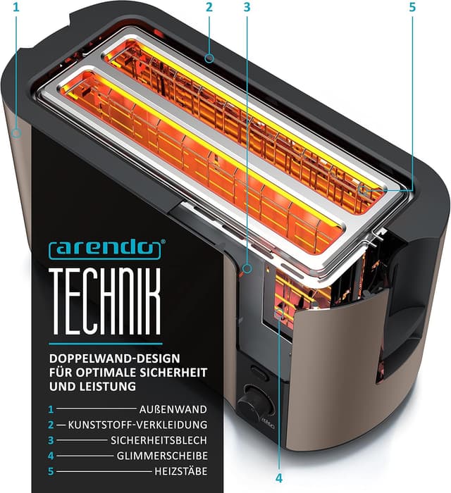 Detalle de arendo Edelstahl-Toaster Langschlitz für 4 Scheiben mit Auftaufunktion und Restzeitanzeige (Bronze Design)