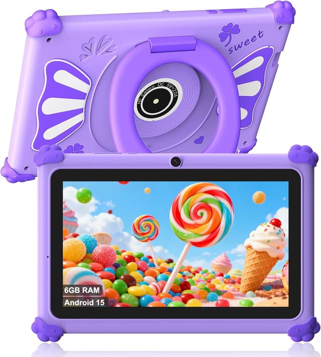 Detalle de ascrecem Kinder Tablet 7 Zoll mit Android 15, 6 GB RAM, 32 GB Speicher & WiFi 6 (lila)