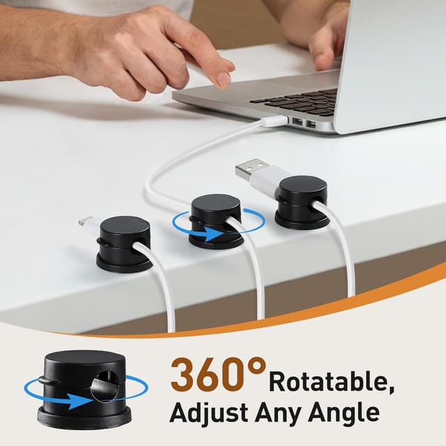 Detalle 2 de AGPTEK 8 clips câble magnétiques avec base rotative 360° et adhésifs (noir)