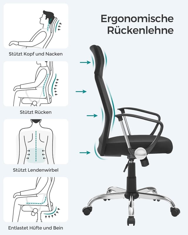 Detalle 2 de SONGMICS OBN034B01 Bürostuhl mit S-förmiger Rückenlehne, höhenverstellbar und neigbar bis 120 kg