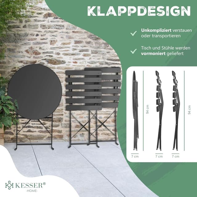 Detalle de KESSER® Bistroset 3-teilig mit Bistrotisch und 2 klappbaren Stühlen (Anthrazit, mit Abdeckung)