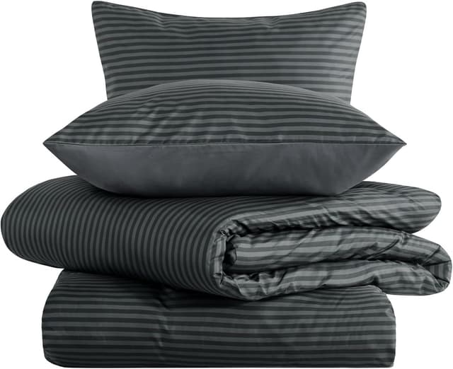Thumbnail 6 de Aisbo Bettwäsche 135x200 4-teilig (Gestreift Anthrazit) mit Mikrofaser – Bettdeckenbezug & 2 Kissenbezüge