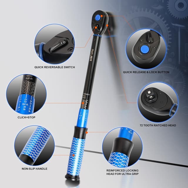 Detalle 2 de INGJER Upgrade Torque Wrench Auto 1/2" Drive Click Wrench (10–180 ft.lb) with 72-tooth Ratchet
