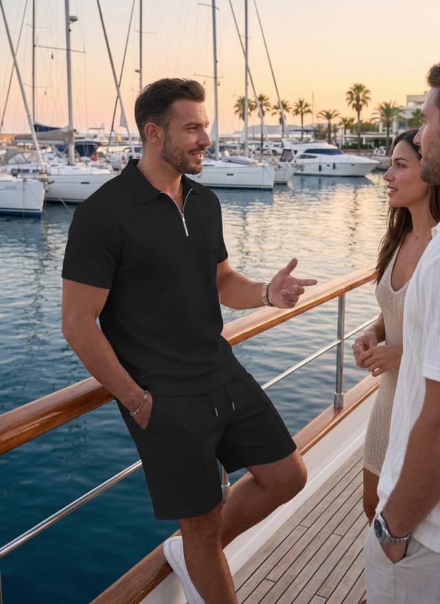 Detalle 2 de QIXING men’s shorts and T-shirt set with polo collar and half-zip (2-piece jacquard tracksuit)