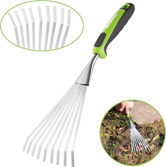Detalle de WORKPRO Rastrello a mano 41 cm per foglie con 9 denti in acciaio inox e impugnatura ergonomica