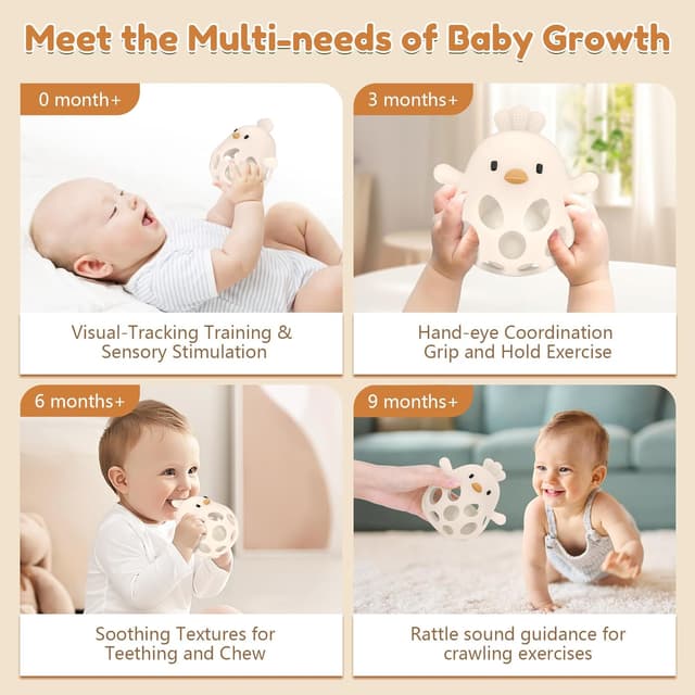 Detalle de MCGMITT Montessori Rassel-Beißring aus Silikon (Baby-Griffball) für Zahnungshilfe, ab 0 Monaten – Beige