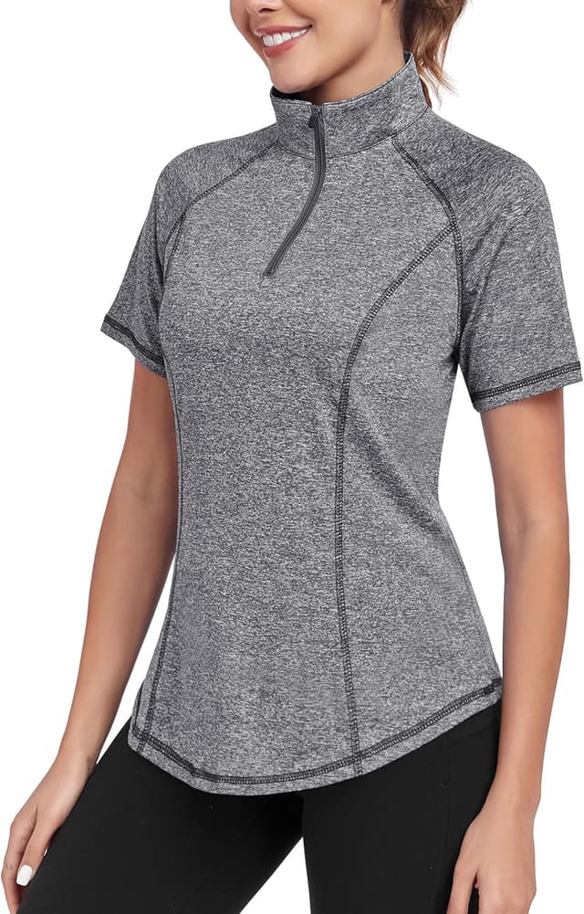 Detalle de DUVOWE Sportshirt Damen Kurzarm mit 1/4 Reißverschluss – Funktions-T-Shirt für Gym, Workout & Laufen
