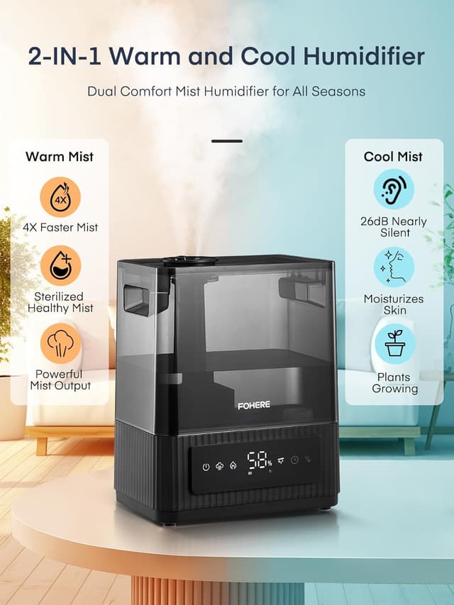 Detalle de FOHERE 6L — Humidificateur à brume froide et chaude (ultrasonique) pour la maison, avec minuterie et mode sommeil
