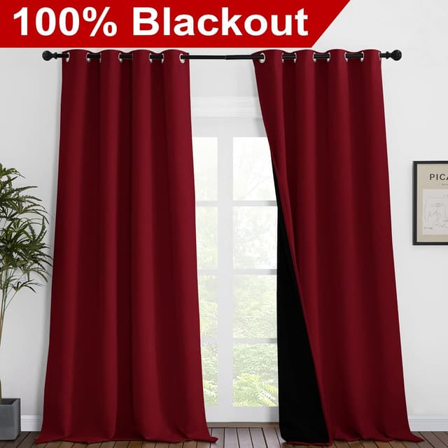 Detalle 2 de NICETOWN Ready-Made Blackout Curtains, Burgundy Red (Set of 2) with Black Lining, 55 x 96 in