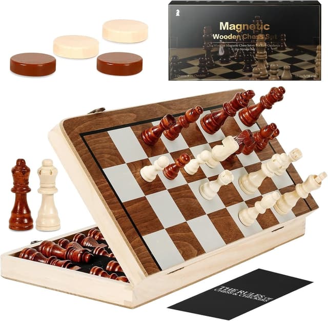 Detalle de Havnidy Jeu d’échecs et dames 2 en 1 : échiquier en bois magnétique pliable (38 cm)