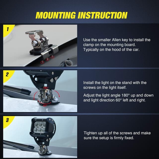 Detalle 2 de Nilight 304 Stainless Steel LED Light Bar Mounting Brackets (2-Pack) — Universal Adjustable Hood/Pillar Clamp Mounts