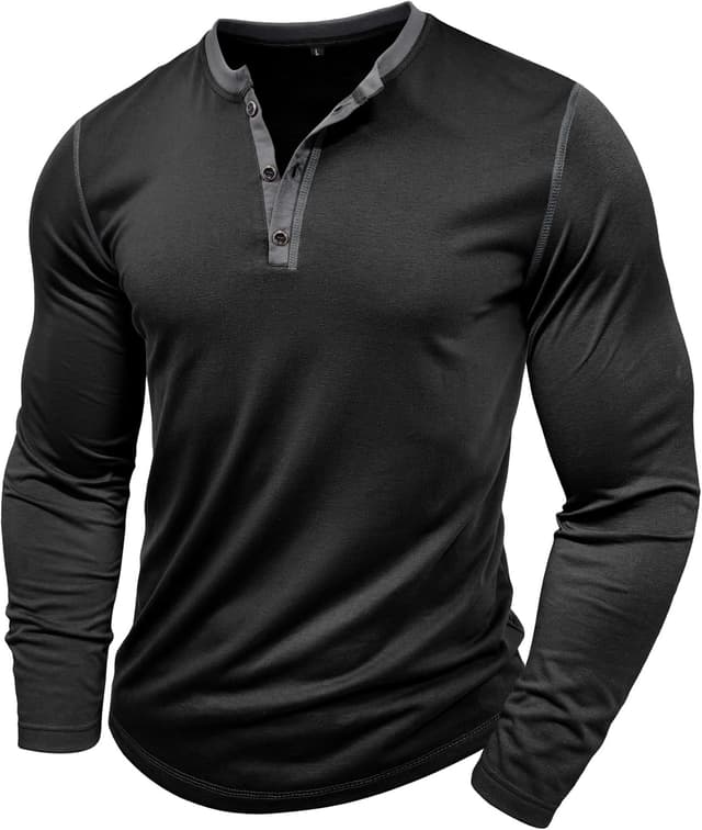 Detalle de Henley Shirt Herren Langarmshirt mit V-Ausschnitt aus Baumwollmischung