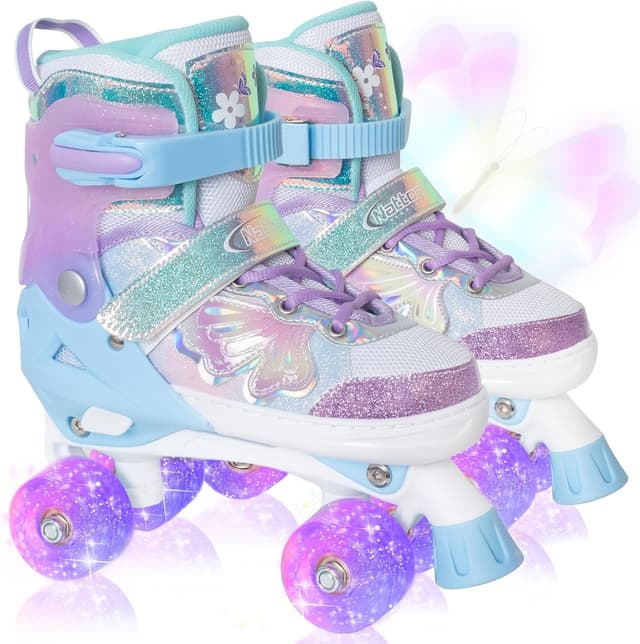 Thumbnail 6 de Nattork Kids Roller Skates (Adjustable Quad Skates, 4 Sizes) with Light-Up Butterfly & Flower Wheels