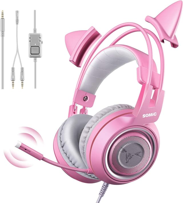Detalle de Somic G951S Rosa Gaming-Headset mit Mikrofon und Katzenohren (3,5-mm-Kabel)