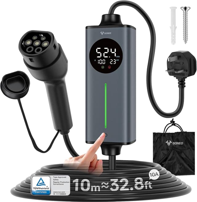 Detalle de GONEO 10M Type 2 EV charger cable (10A, 2.3kW) with UK 3-pin plug and RCD protection