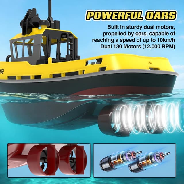 Detalle 2 de tech rc 1:72 ferngesteuertes Tugboat mit 2 Akkus, 2,4 GHz RC-Boot (Gelb)