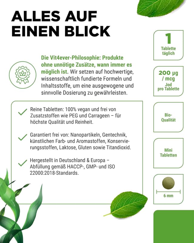 Detalle 2 de vit4ever Bio Kelp mit natürlichem Jod (200 µg) – 365 Tabletten, vegan