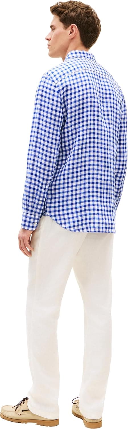 Detalle de Tommy Hilfiger Linen Essential Gingham RF Shirt MW0MW42401 camicia in lino gingham uomo
