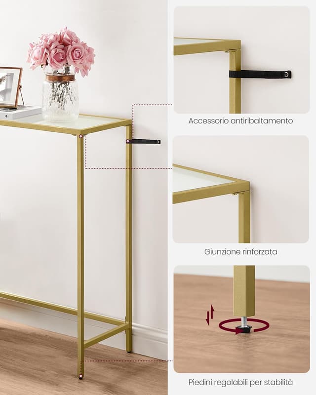 Detalle de VASAGLE LGT132A01 consolle da ingresso con piano in vetro temperato oro pallido e trasparente