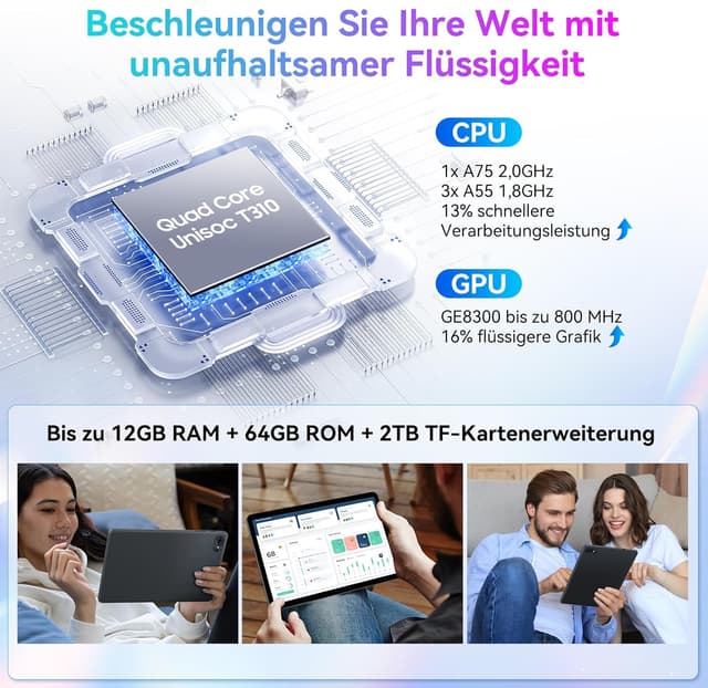 Detalle de TABWEE T80 Android Tablet (10 Zoll) mit 12GB RAM, 128GB Speicher, 5G WLAN und Widevine L1 – Android 15