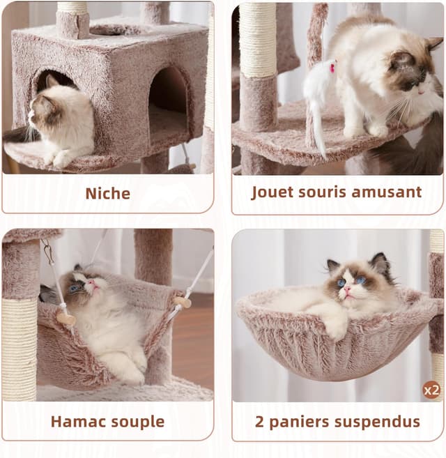 Detalle de Arbre à chat Gitelsnour GCT031MU (200 cm) : tour de jeux intérieur avec hamac, niches et griffoir