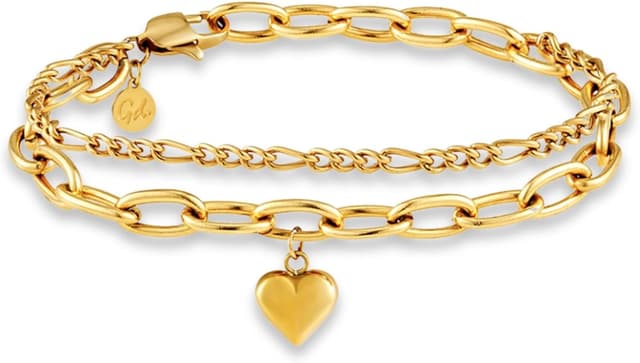 Detalle de GD GOOD.designs bracciale cuore multistrato regolabile con charms e catena Figaro (oro 18K, oro rosa o argento)