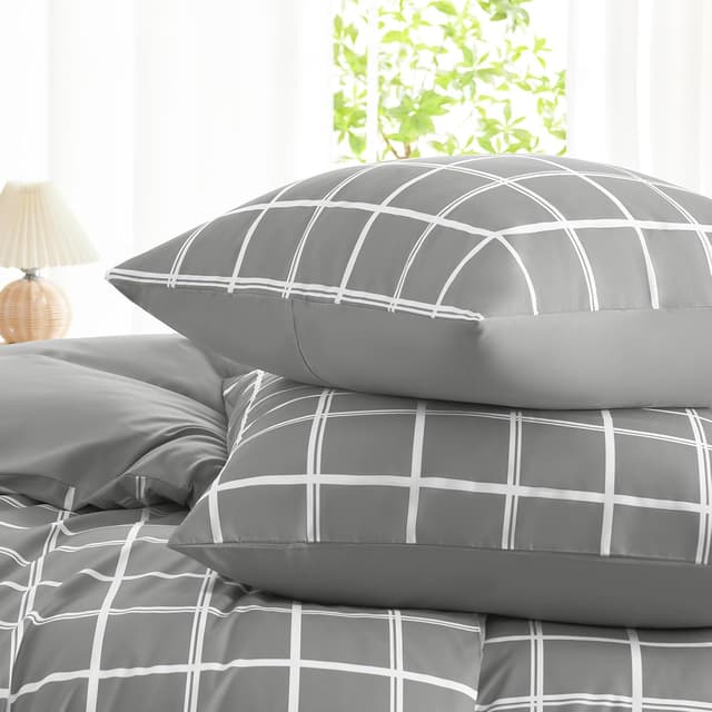 Detalle de WAVVE Bettwäsche 135x200 4-teilig (Mikrofaser) Grau mit Karo-Muster, Wendebettwäsche, mit Reißverschluss