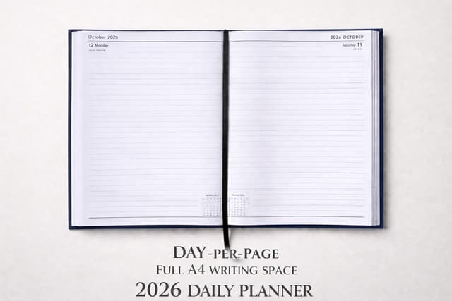 Detalle de Top Sale A4 2026 Day-Per-Page Diary with Hardcover Casebound Cover (Navy) and Weekend Pages