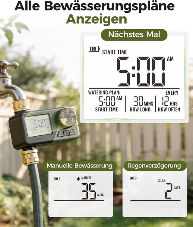 Detalle de Diivoo IP66 Bewässerungscomputer mit großem LCD, Messing-Ein-/Ausgängen und Regenverzögerung