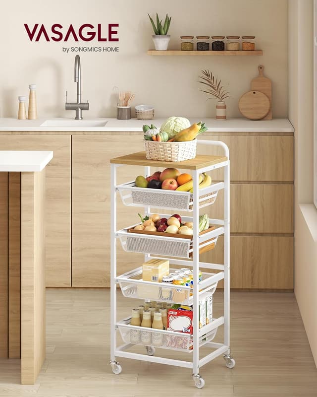 Detalle de VASAGLE Servierwagen LRC041YA01 mit 5 Ebenen: Rollwagen mit herausziehbaren Körben, goldeichenfarben-mattweiß