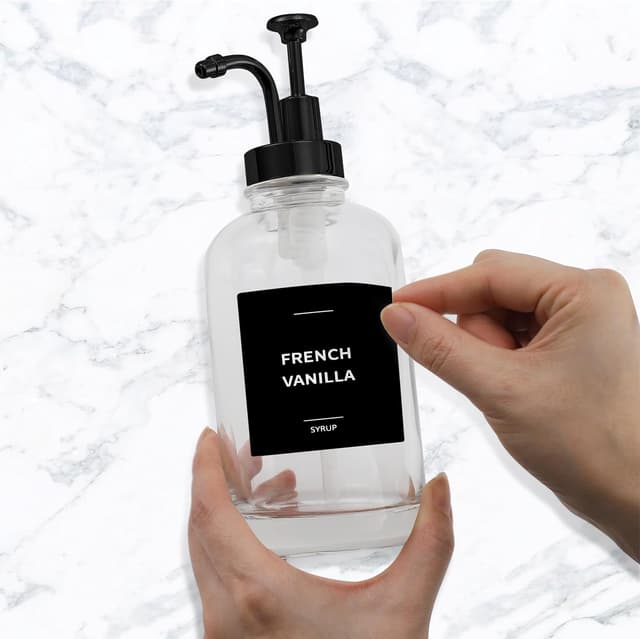 Detalle de Spaceneat Coffee Syrup Dispenser with Pump (Glass, 500 ml) – Set of 4 with 24 flavour labels, cleaning brush & funnel