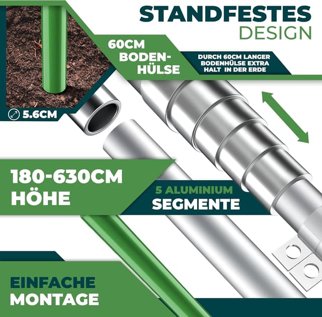 Detalle de KESSER® Teleskop Fahnenmast aus Aluminium, 6,30 m inkl. Bodenhülse (60 cm) & Deutschlandflagge, höhenverstellbar
